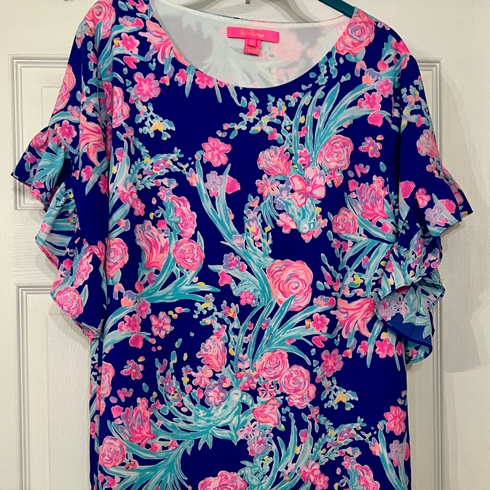 Lilly Pulitzer Pink and Blue Floral Ruffle Blouse